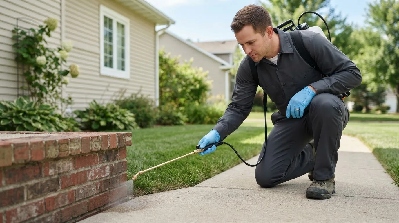 Pest control technician treating a home near Frankfort, IL
